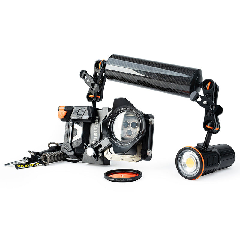 DIVEVOLK SeaTouch 4 MAX PLUS Underwater Housing Advanced Creator Kit including Float Arm and 5600 or 12000 Lumen dive light, dive housing, waterproof phone case